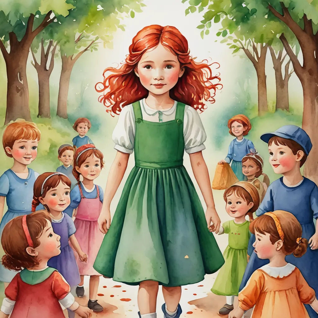 a painting of a girl in a green dress surrounded by children in a forest with trees and leaves on the ground, magical realism, a storybook illustration, Elizabeth Durack, storybook illustration