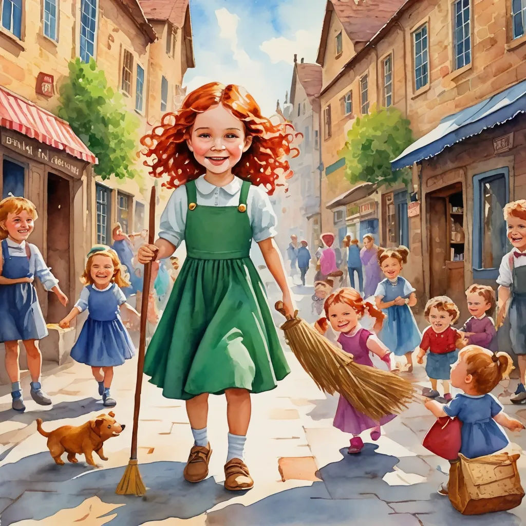 a painting of a girl with red hair holding a broom and standing in front of a crowd of children, magical realism, a storybook illustration, Bob Byerley, storybook illustration