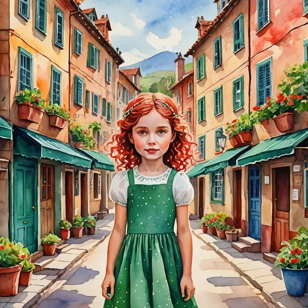 a painting of a girl in a green dress standing in a street with potted plants on either side of her, magic realism, a storybook illustration, Bob Byerley, in gouache detailed paintings