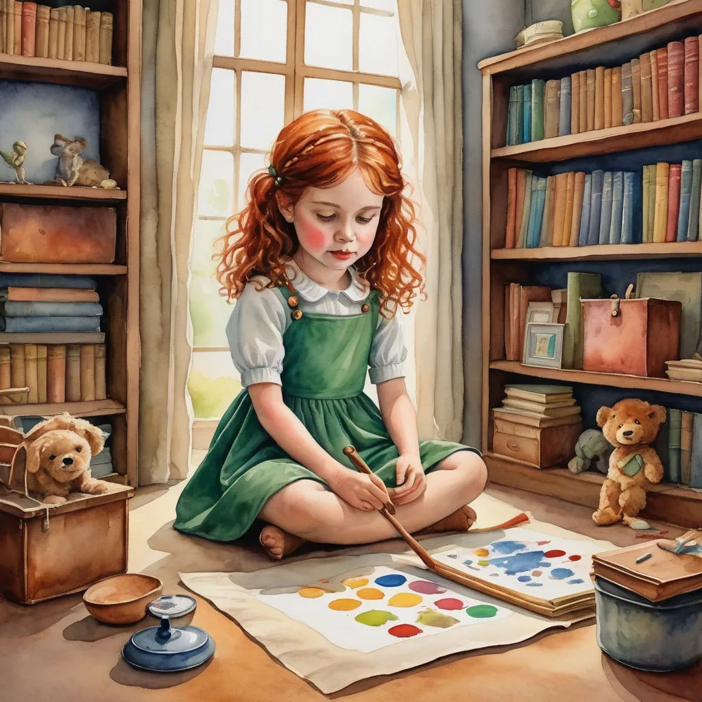a painting of a girl sitting on the floor with a paintbrush and palette in front of a bookcase, american scene painting, a storybook illustration, Elinor Proby Adams, detailed painting