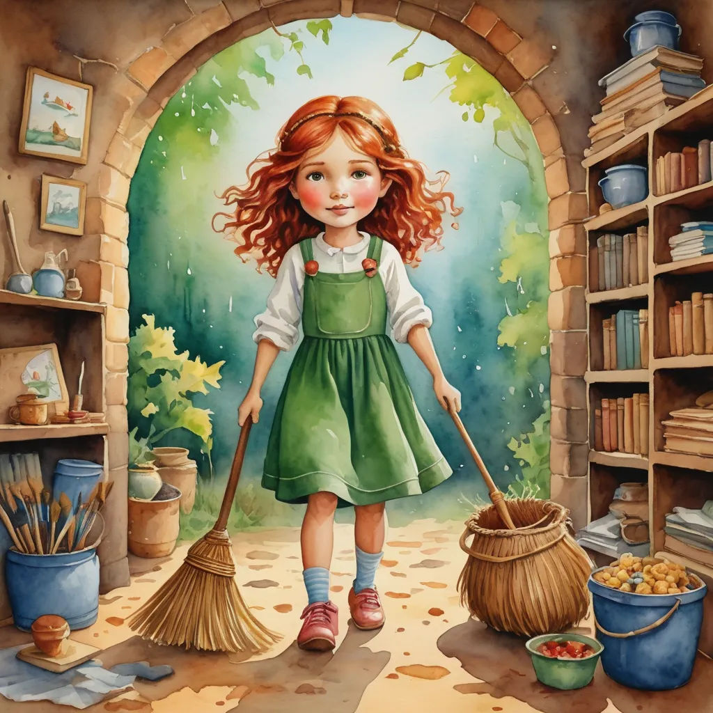 a painting of a girl with a broom and a basket of food in a doorway with bookshelves, magic realism, a storybook illustration, Bob Byerley, storybook illustration