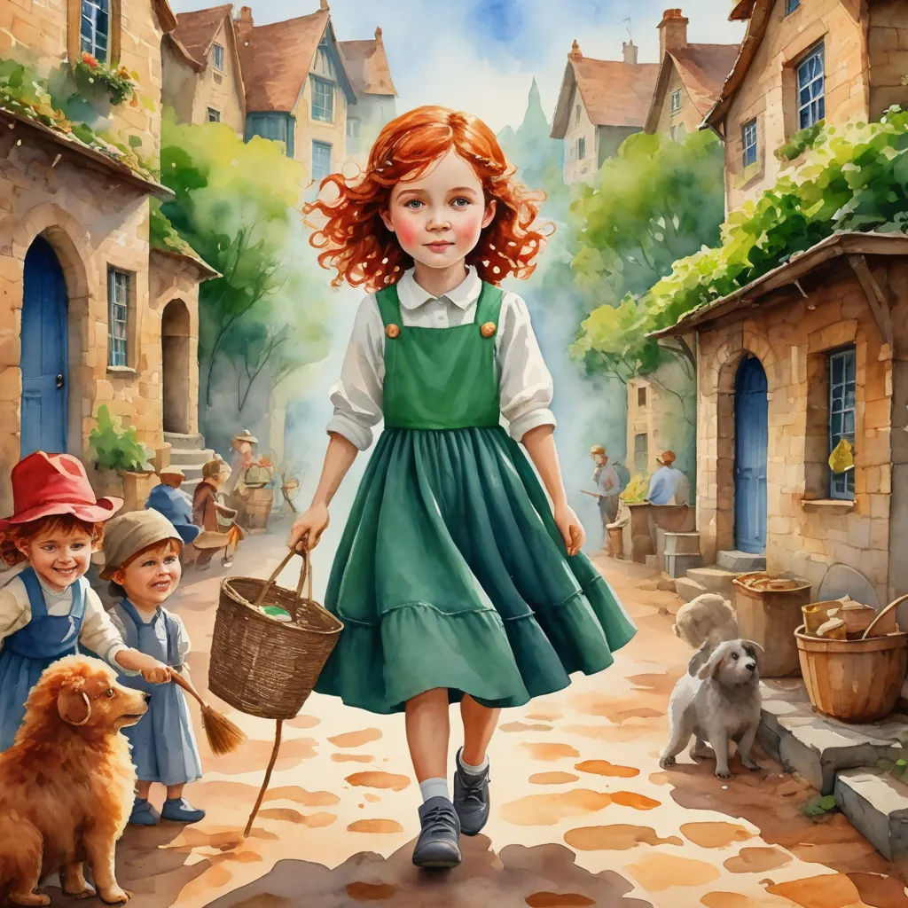 a painting of a little girl walking down a street with two dogs and a boy holding a basket of food, magical realism, a storybook illustration, Bob Byerley, storybook illustration