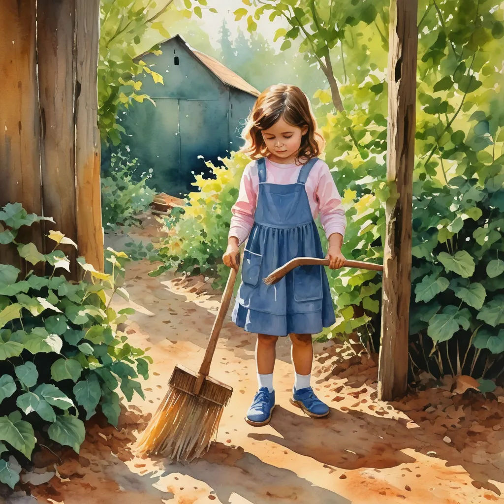 a painting of a little girl holding a broom and a rake in a garden area with a shed in the background, american scene painting, a fine art painting, Bob Byerley, detailed painting