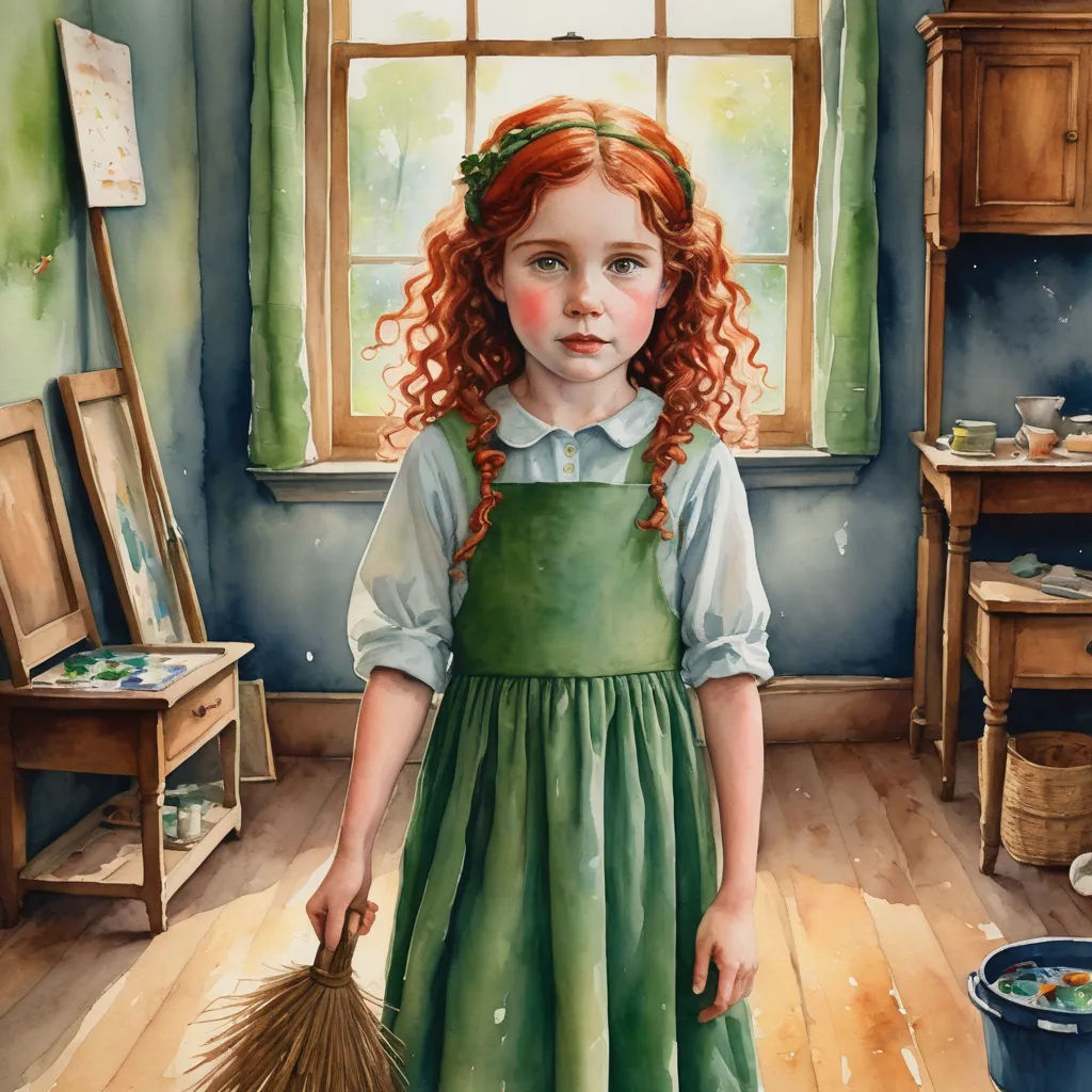 a painting of a girl in a green dress holding a broom in a room with a window and a painting of a cat, magic realism, a detailed painting, Bob Byerley, highly detailed digital painting