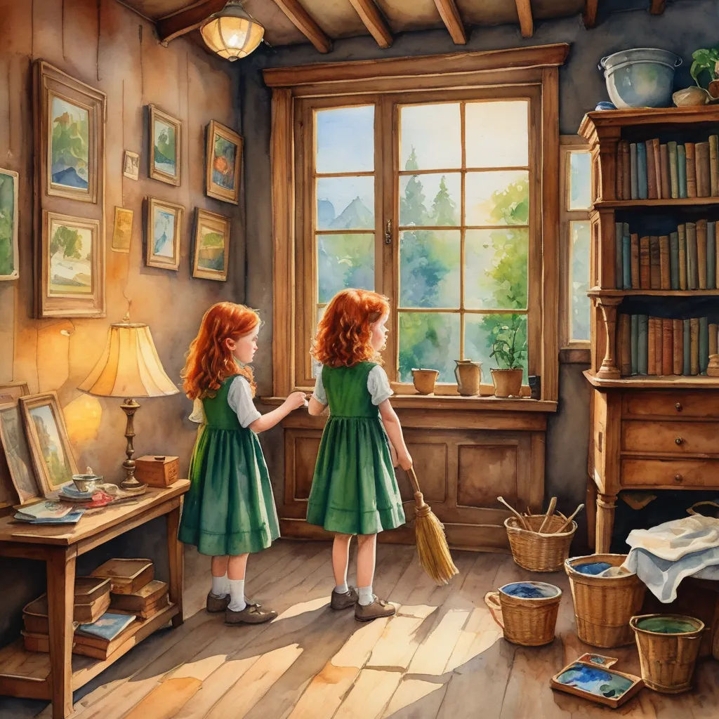 two little girls standing in a room looking out a window at a book shelf and a desk with a lamp, magic realism, a storybook illustration, Caroline Lucy Scott, storybook illustration