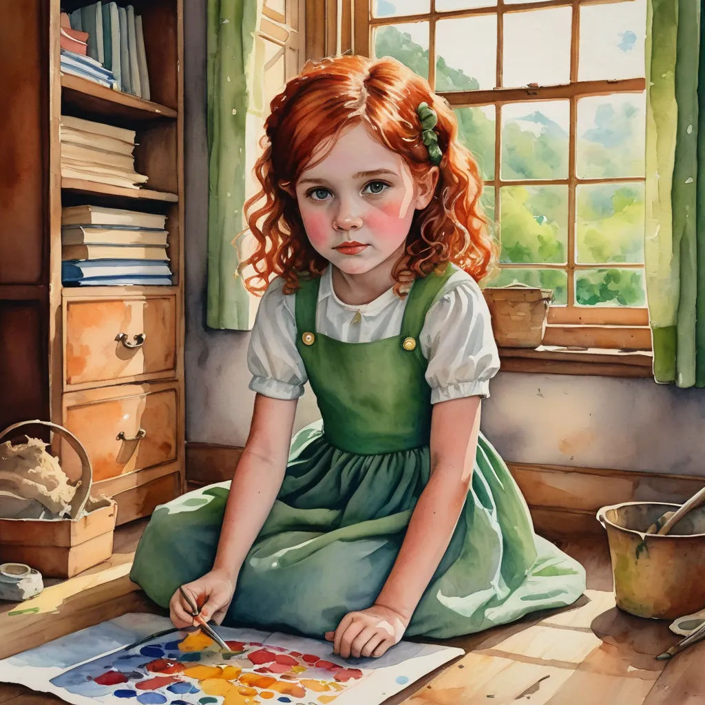 a painting of a little girl sitting on the floor with a paintbrush and palette in her hand and a window behind her, photorealism, a detailed painting, Caroline Lucy Scott, detailed painting