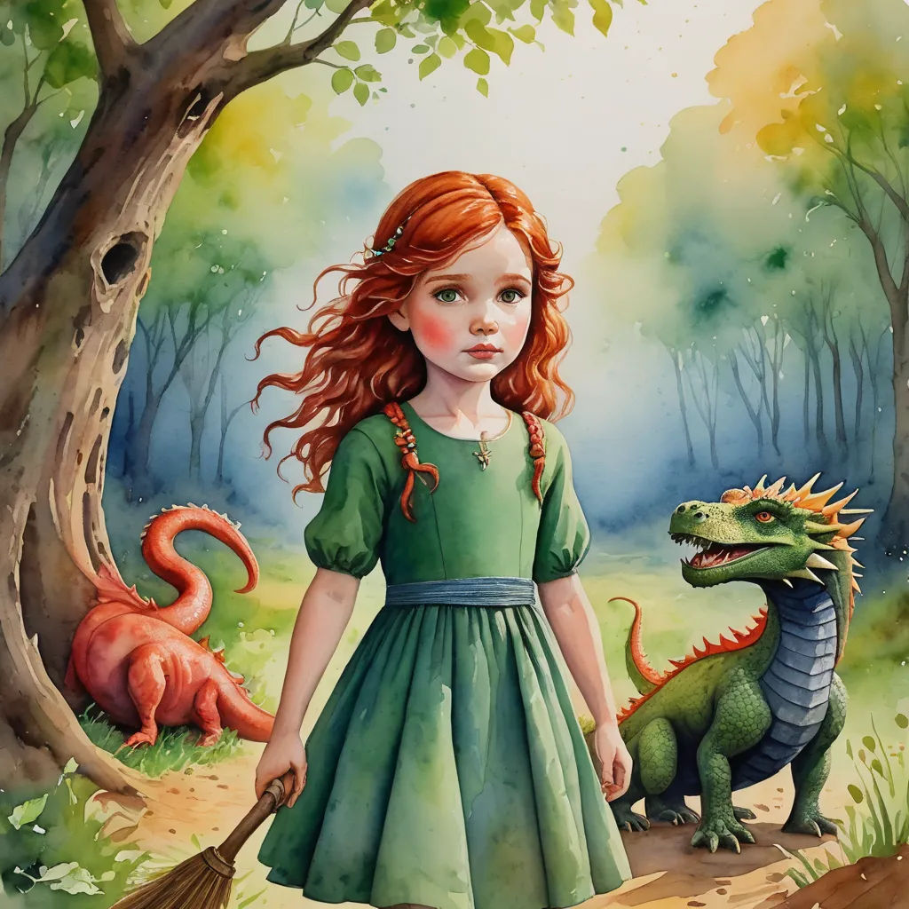 a painting of a girl and a dragon in a forest with trees and grass, with a green dress and a red hair, fantasy art, a storybook illustration, Esao Andrews, storybook illustration