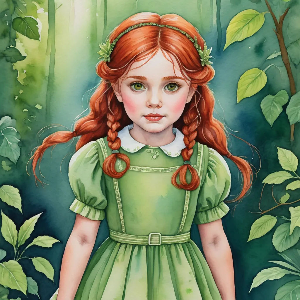 a painting of a girl in a green dress in a forest with leaves and a tree trunk in the background, fantasy art, a watercolor painting, Elinor Proby Adams, green