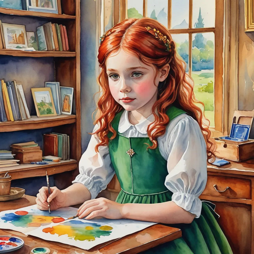 a painting of a girl in a green dress sitting at a desk with a paintbrush and palette in her hand, figurative art, a detailed painting, Caroline Lucy Scott, detailed painting