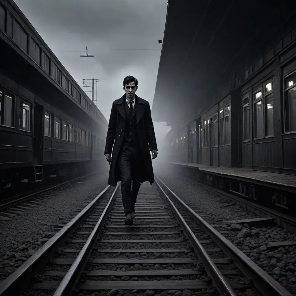 a man in a suit and tie walking down train tracks in a dark train station with a train on the tracks, a matte painting, Dirk Crabeth, aestheticism, promotional image