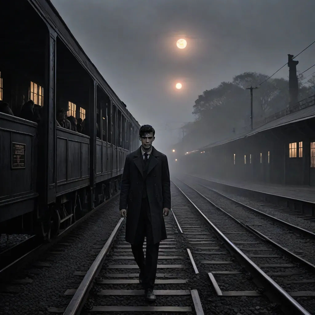 a man in a long coat and hat walks down a train track at night with a train in the background, a matte painting, Bian Jingzhao, art photography, cinematic photography