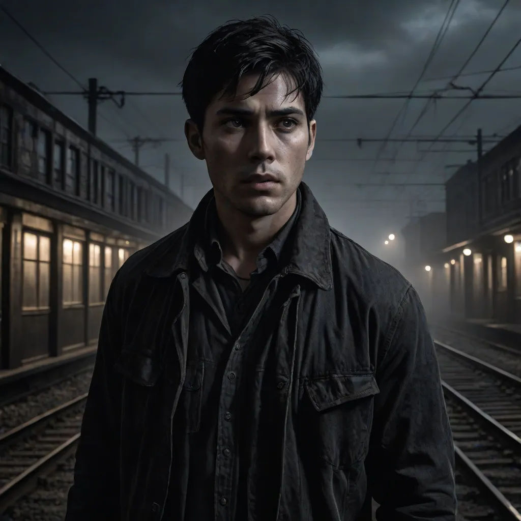 a man standing in front of a train station at night with a dark sky in the background and a train on the tracks, a character portrait, David Park, aestheticism, promotional image