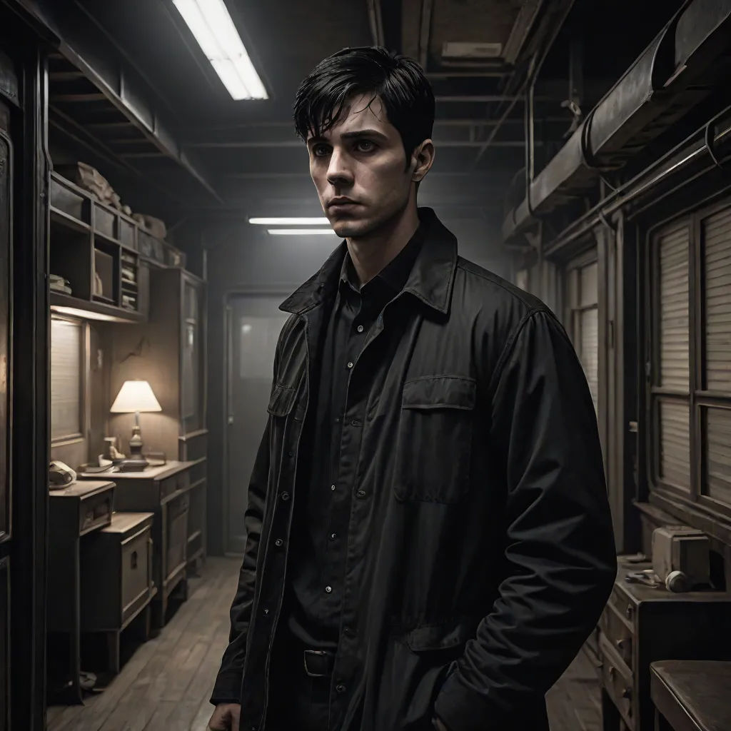 a man standing in a dark room with a lamp on the side of the room and a cabinet behind him, a character portrait, David Budd, aestheticism, promotional image
