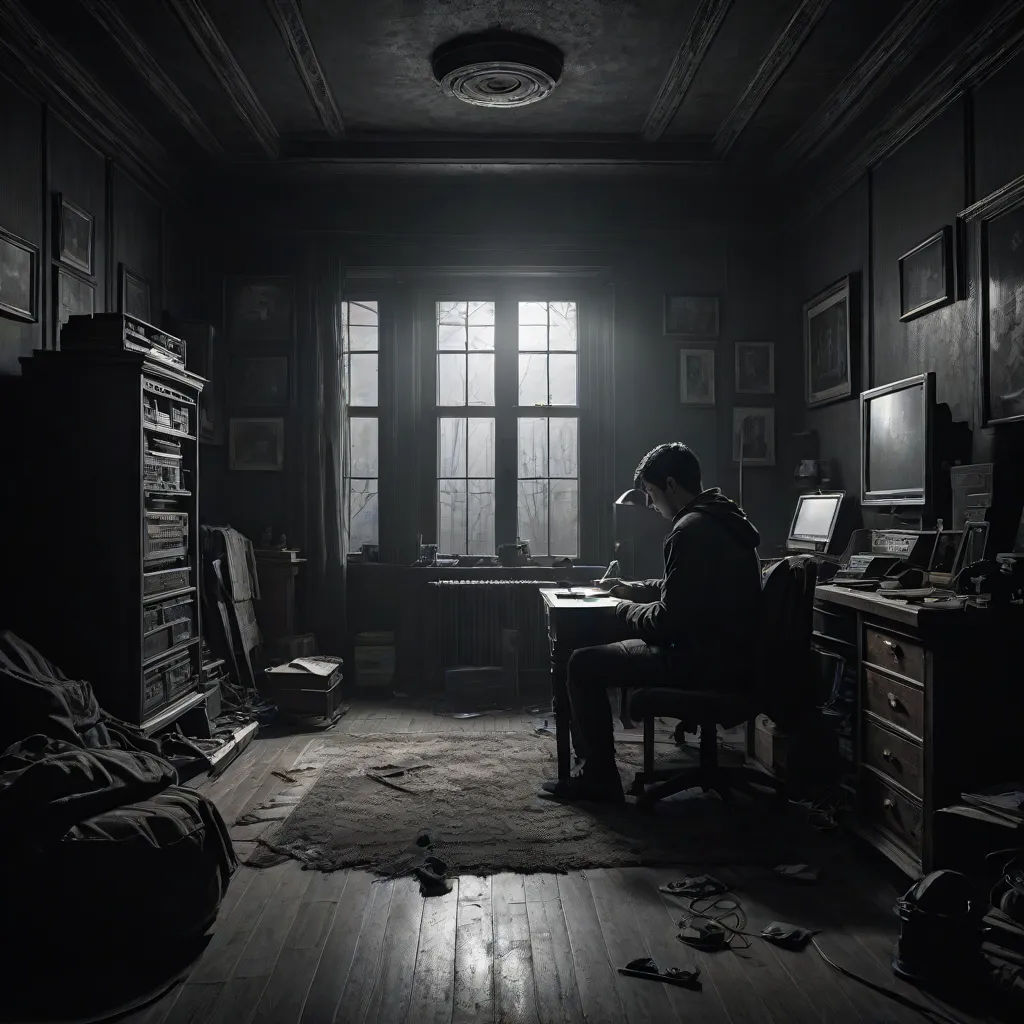 a person sitting in a dark room with a desk and a chair in front of a window with a light on, computer graphics, Eddie Mendoza, photorealism, cryengine
