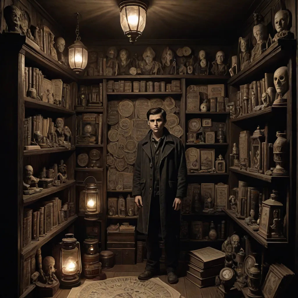 a man standing in a room with many shelves of books and skulls on the walls and a lantern hanging from the ceiling, poster art, Christian W. Staudinger, aestheticism, promotional image