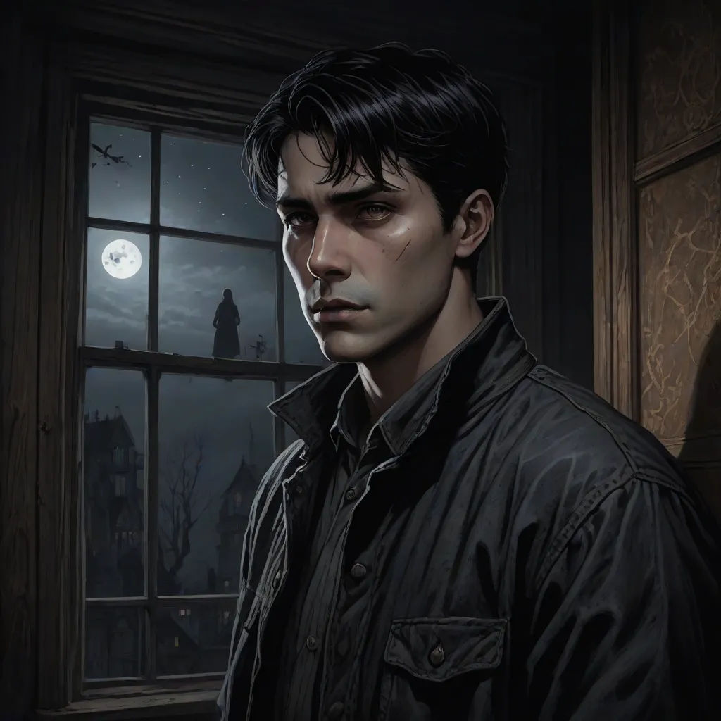 a man in a black jacket looking out a window at the moon and a full moon behind him,, a character portrait, Aaron Jasinski, sots art, official art