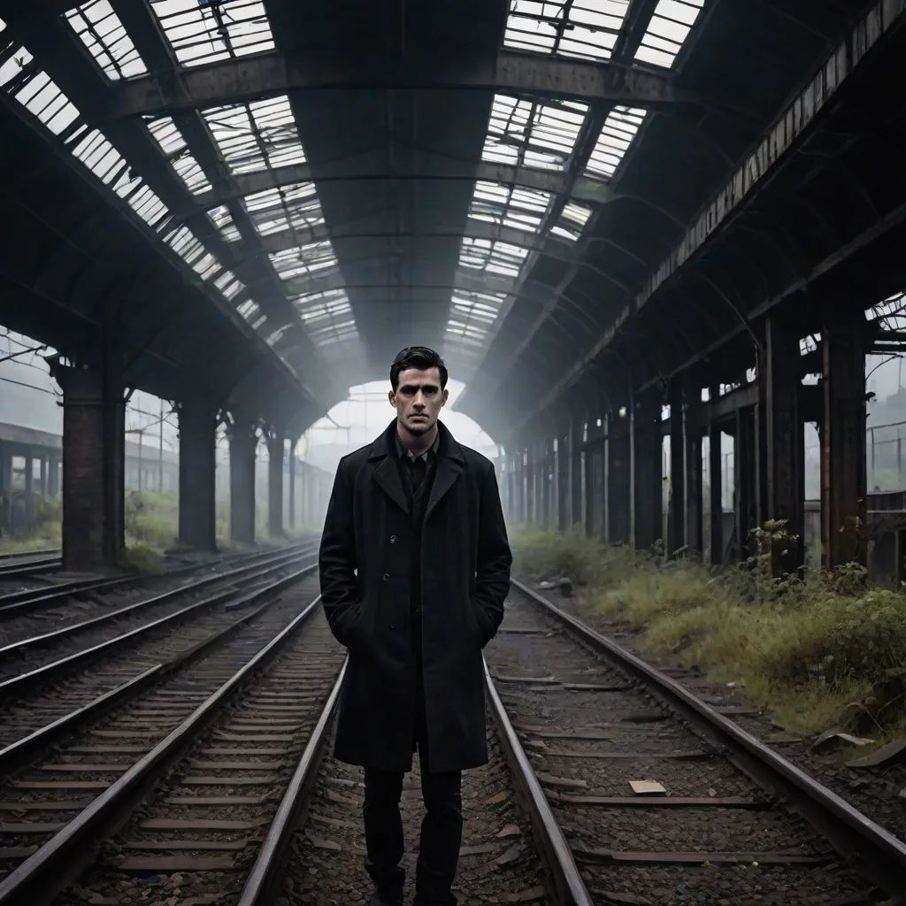 a man standing on a train track in a train station with a light shining through the ceiling and a train track in the foreground, a character portrait, David Annand, aestheticism, promotional image