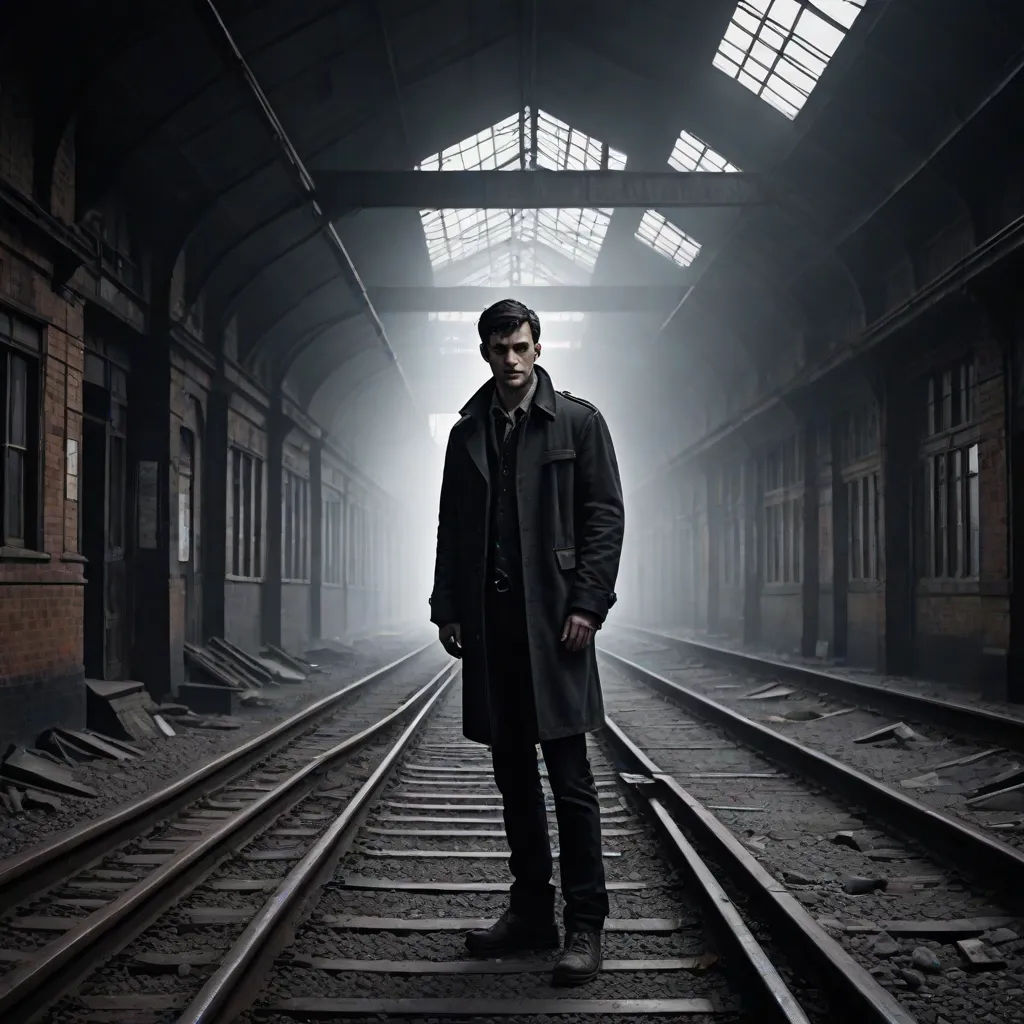 a man standing on a train track in a dark tunnel with a long coat on and a hat on, a character portrait, Christian W. Staudinger, serial art, promotional image