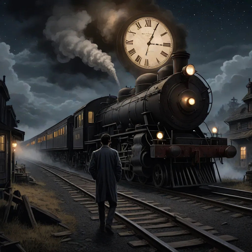 a man standing next to a train on a train track at night with a clock on it's side, a detailed matte painting, Evgeny Lushpin, fantasy art, highly detailed digital painting