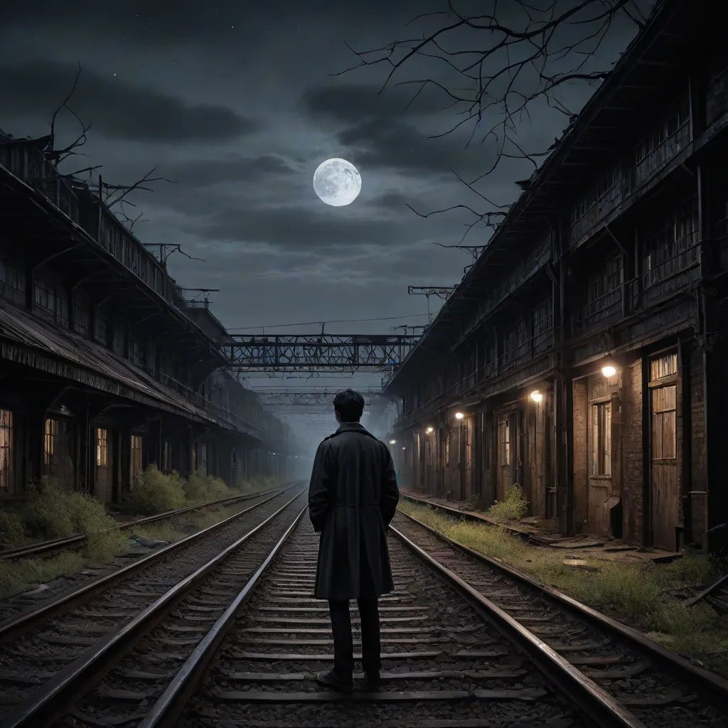 a man standing on a train track at night with a full moon in the background and a train track in the foreground, a detailed matte painting, Dirk Crabeth, art photography, cinematic matte painting