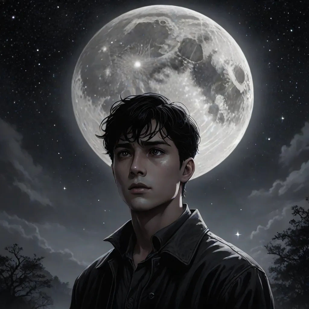 a man standing in front of a full moon with a black shirt on and a black shirt on his chest, a character portrait, Arthur Pan, sots art, stanley artgerm lau