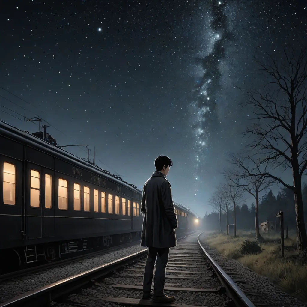 a man standing on a train track looking at the stars above him and a train on the tracks below him, a detailed matte painting, Arthur Pan, magical realism, promotional image