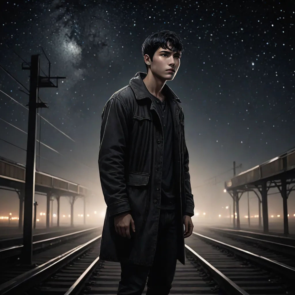 a man standing on a train track at night with a train in the background and stars in the sky, poster art, David Park, dau-al-set, key art