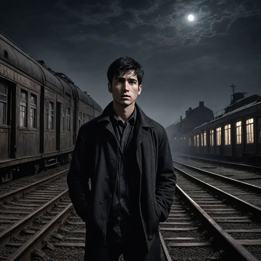 a man standing in front of a train station at night with a full moon in the background and a train on the tracks, a character portrait, Daryush Shokof, dau-al-set, promotional image
