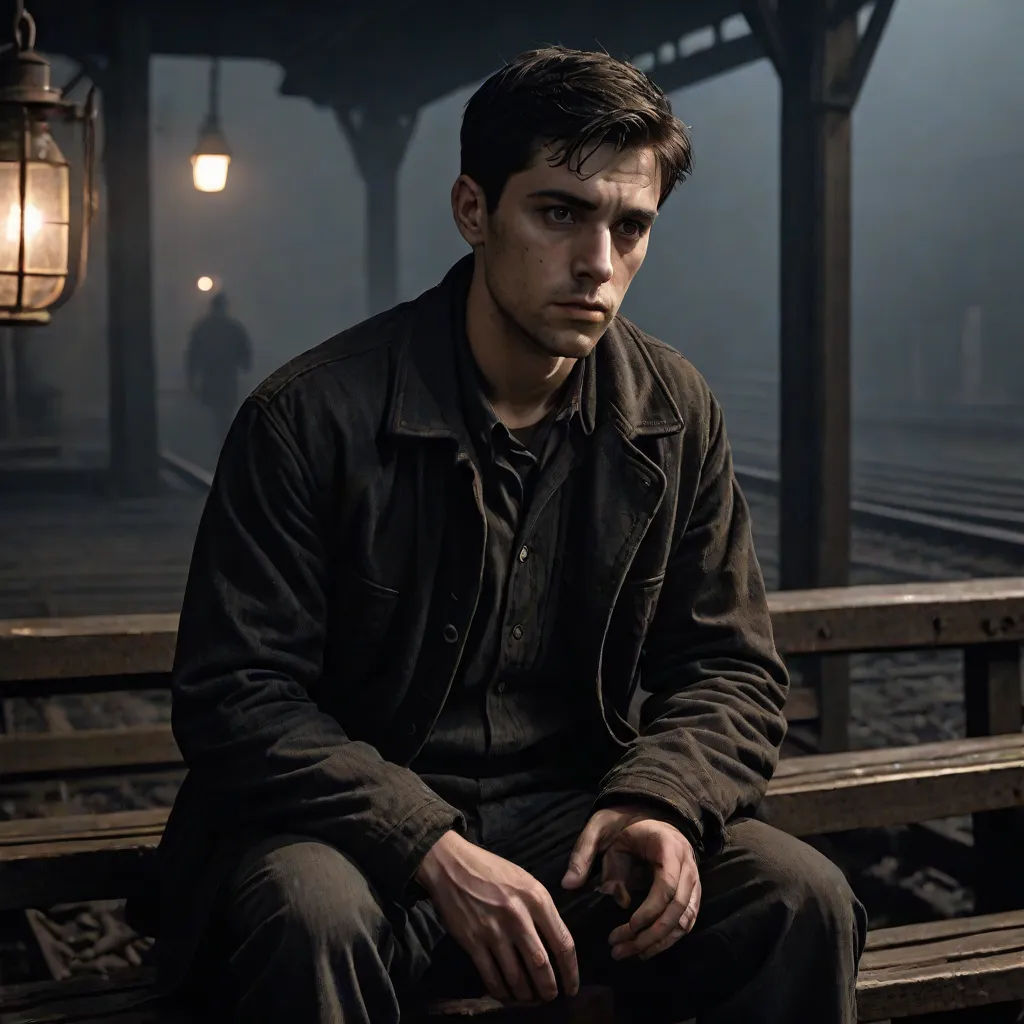a man sitting on a bench in a train station at night with a lantern hanging above him and a person standing in the background, a character portrait, Ejler Bille, dau-al-set, promotional image