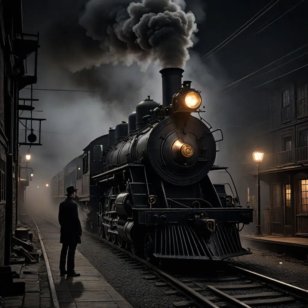 a man standing next to a train on a train track at night with smoke billowing from it's stacks, a matte painting, Evgeny Lushpin, art photography, dieselpunk