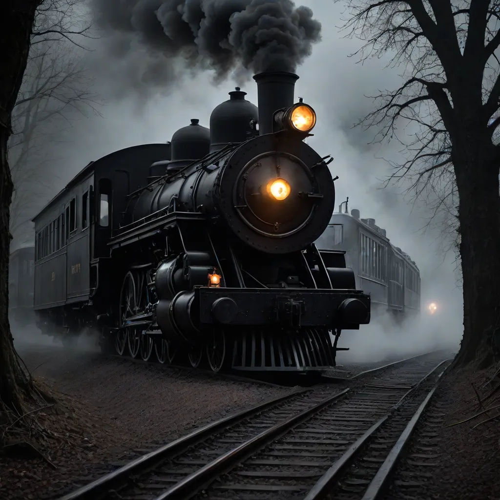 a train is traveling down the tracks in the foggy night time time scene with smoke billowing from the engine, a detailed matte painting, Evgeny Lushpin, fantasy art, matte drawing