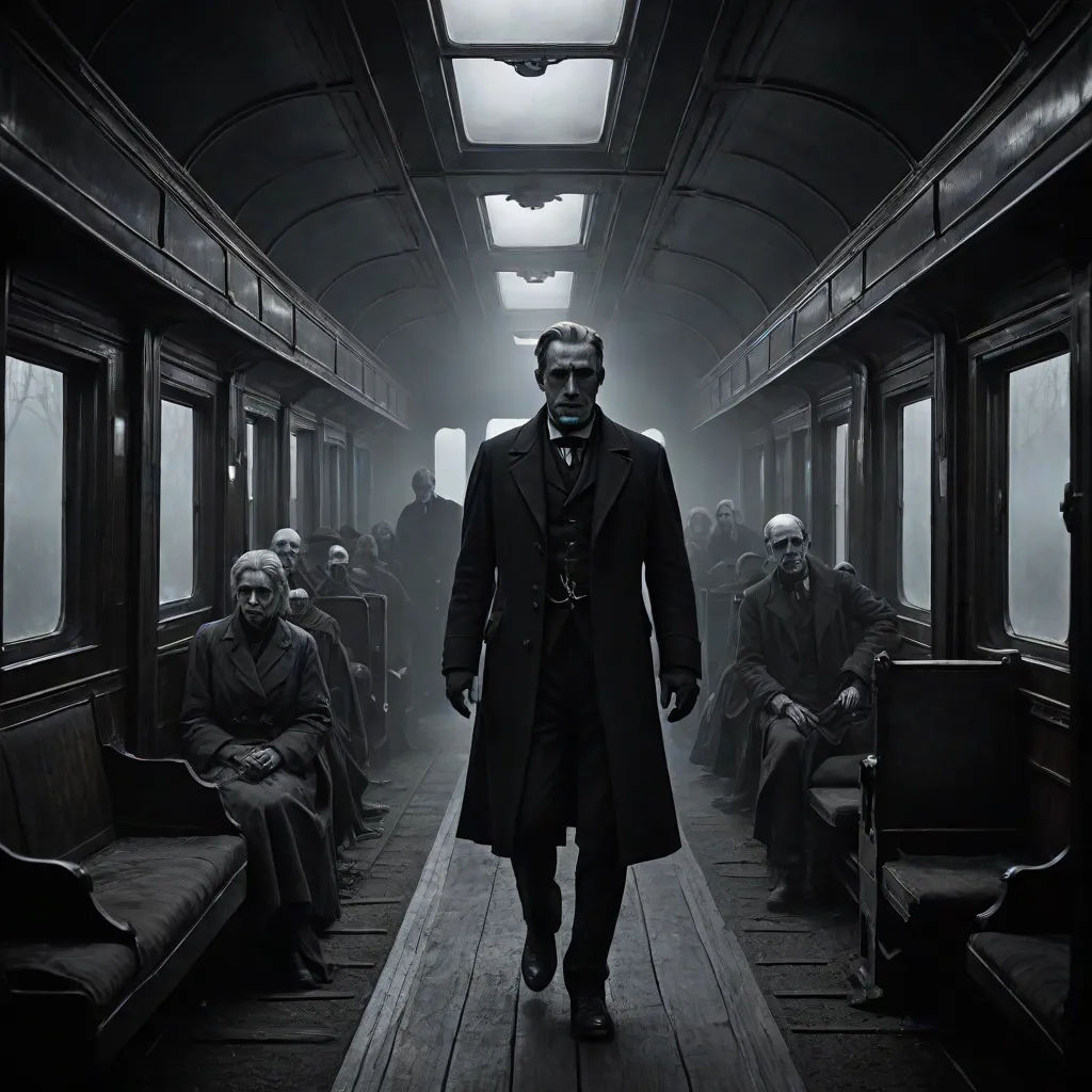 a man in a long coat and a mask walking down a train aisle with other people sitting in seats, poster art, Dirk Crabeth, international gothic, promotional image