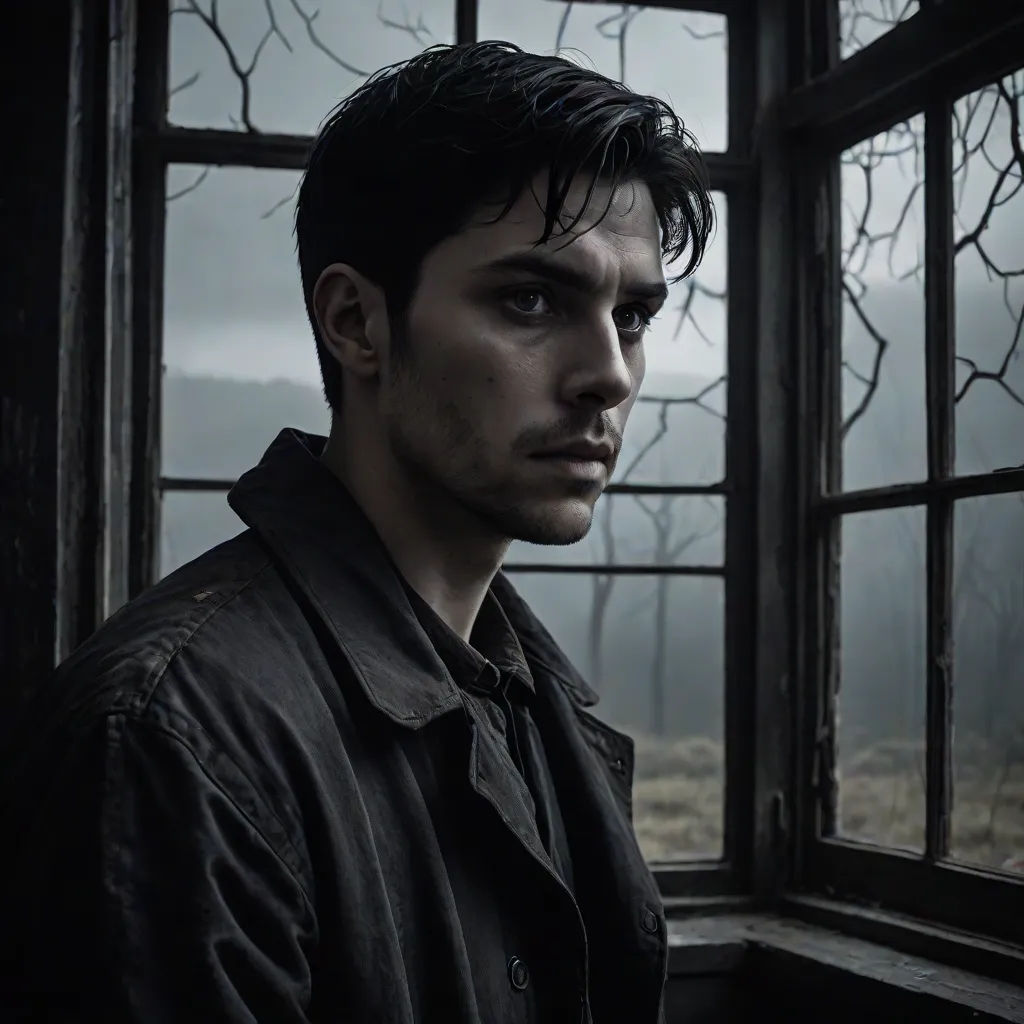 a man standing in front of a window with a creepy look on his face and a creepy looking face, a poster, David Budd, aestheticism, promotional image