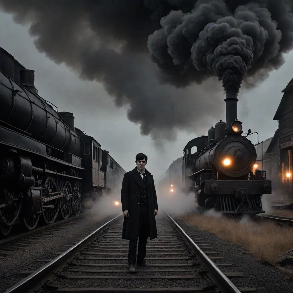 a man standing on a train track next to a train engine with smoke pouring out of it's stacks, a matte painting, Dirk Crabeth, art photography, promotional image