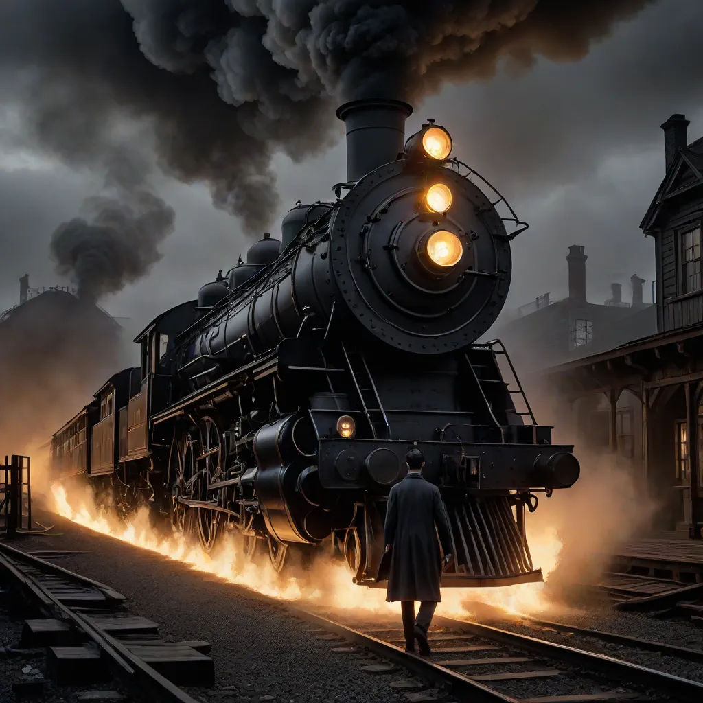 a man standing next to a train on a train track with smoke pouring out of it and a train on the tracks, a detailed matte painting, Evgeny Lushpin, art photography, cinematic photography