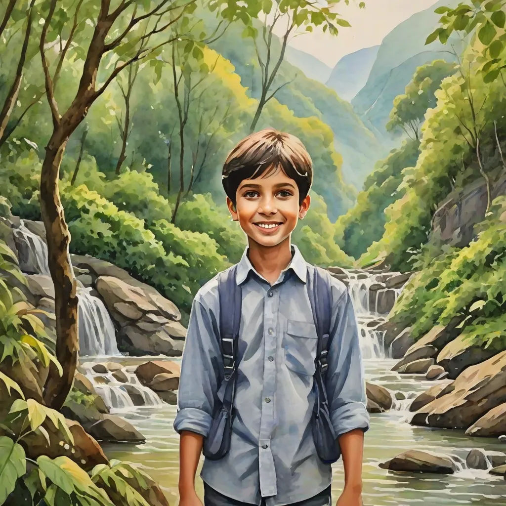 a painting of a boy standing in front of a waterfall with a backpack on his back and a backpack on his shoulder, fantastic realism, an oil on canvas painting, Aaron Jasinski, highly detailed oil painting