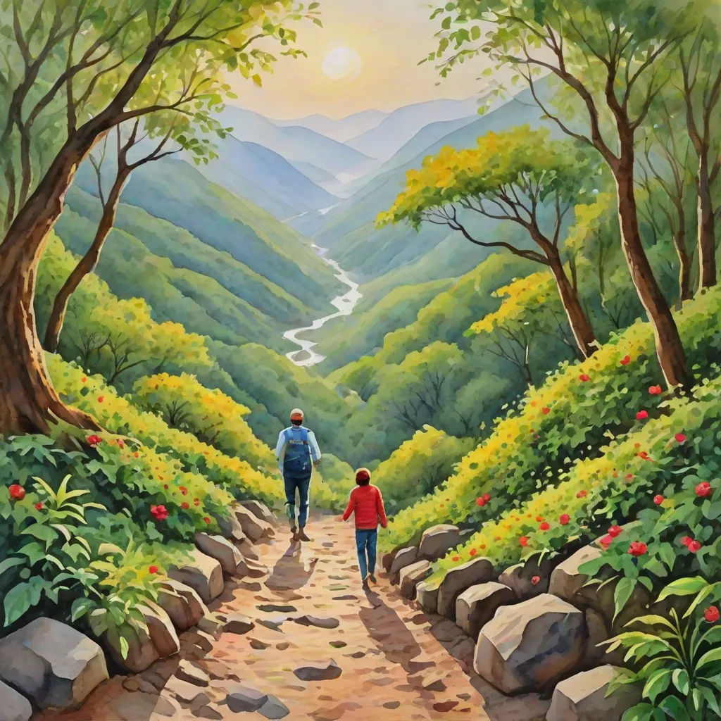 a painting of a man and a child walking down a path in the mountains with flowers and trees on either side of the path, naive art, a storybook illustration, David Brewster, official art