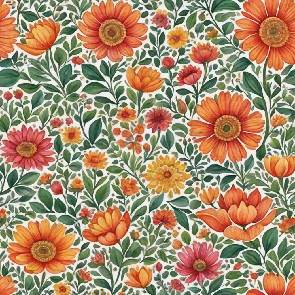 a floral pattern with orange and red flowers on a white background with green leaves and flowers on the bottom, arts and crafts movement, a flemish Baroque, Annabel Kidston, in gouache detailed paintings