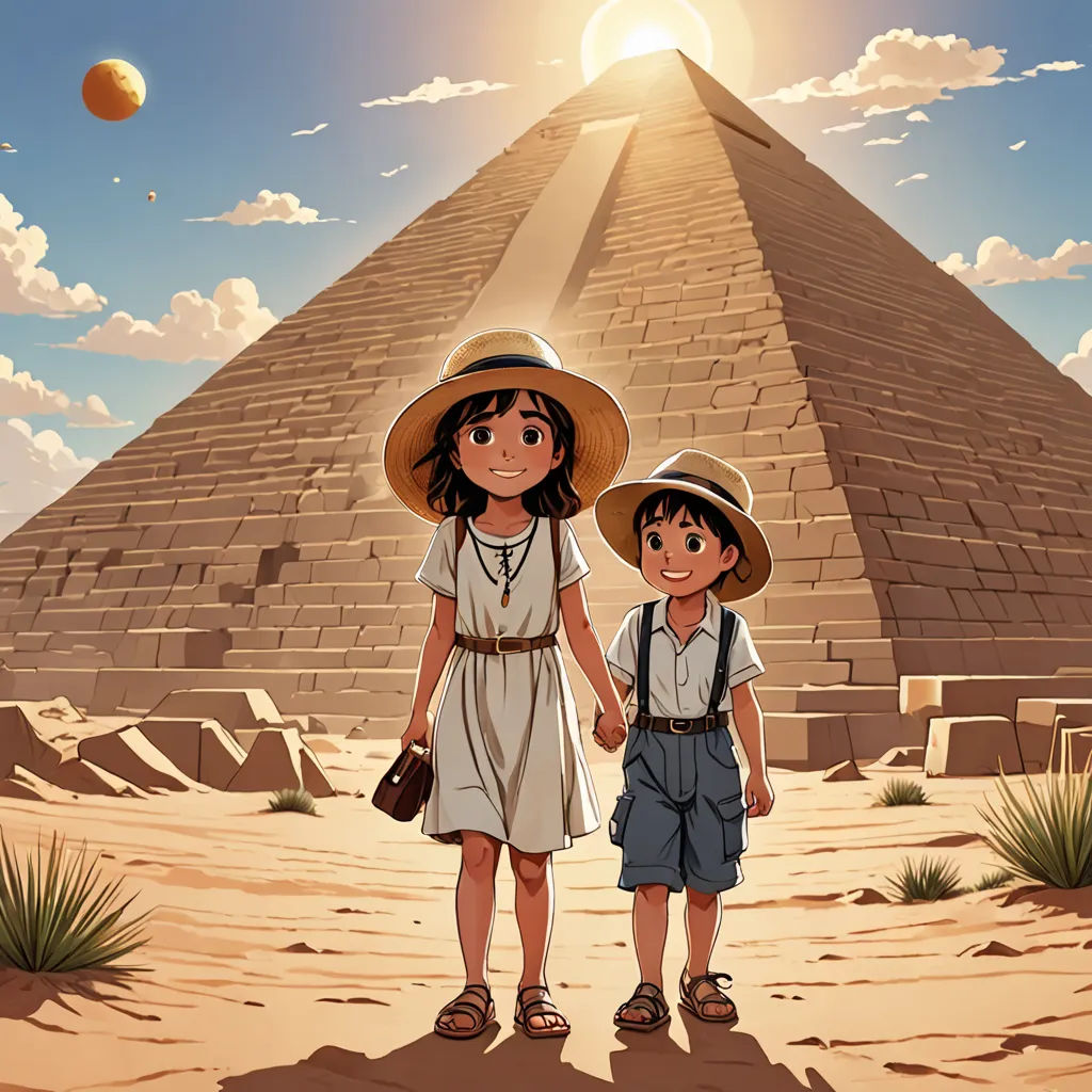 a couple of kids standing in front of a pyramid with a sky background and sun shining behind them,, dau-al-set, egyptian art, Aya Goda, ghibli