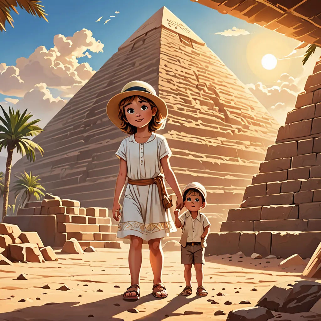 a woman and a child are standing in front of a pyramid in the desert with a sun in the background, fantasy art, egyptian art, Cliff Childs, rossdraws global illumination