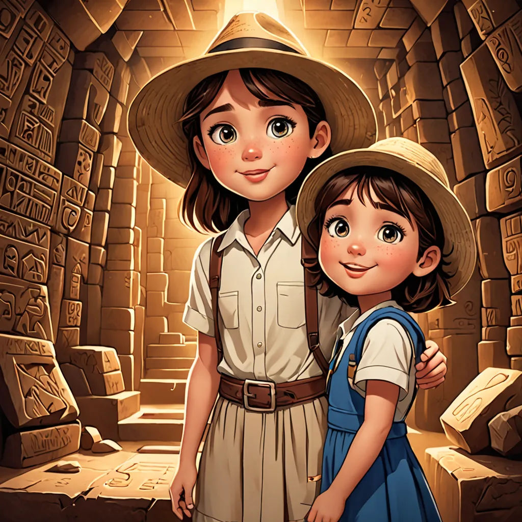a boy and a girl standing in a cave with a light shining on them and a stone wall behind them, serial art, egyptian art, Drew Struzan, rossdraws global illumination