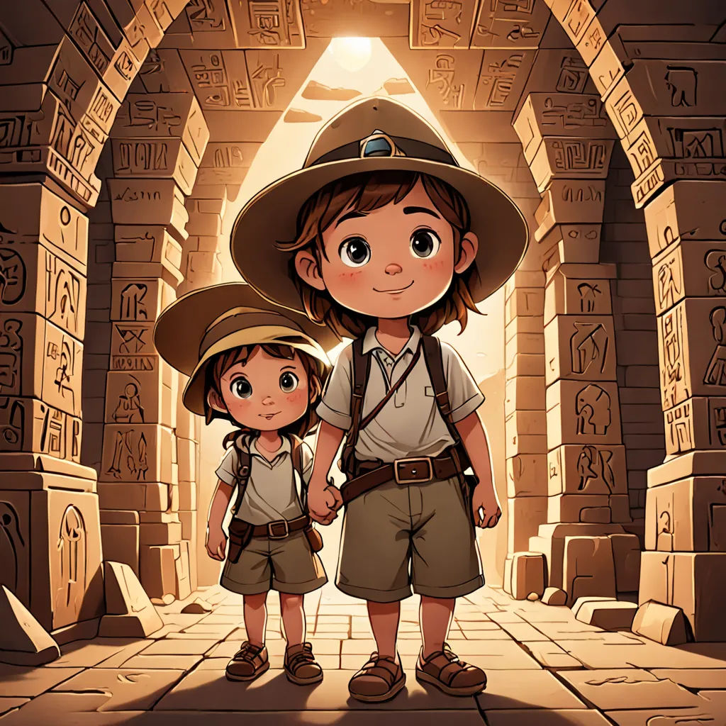 a boy and a girl standing in a doorway with a hat on their heads and a backpack on their shoulders, fantasy art, egyptian art, Diego Gisbert Llorens, rossdraws global illumination