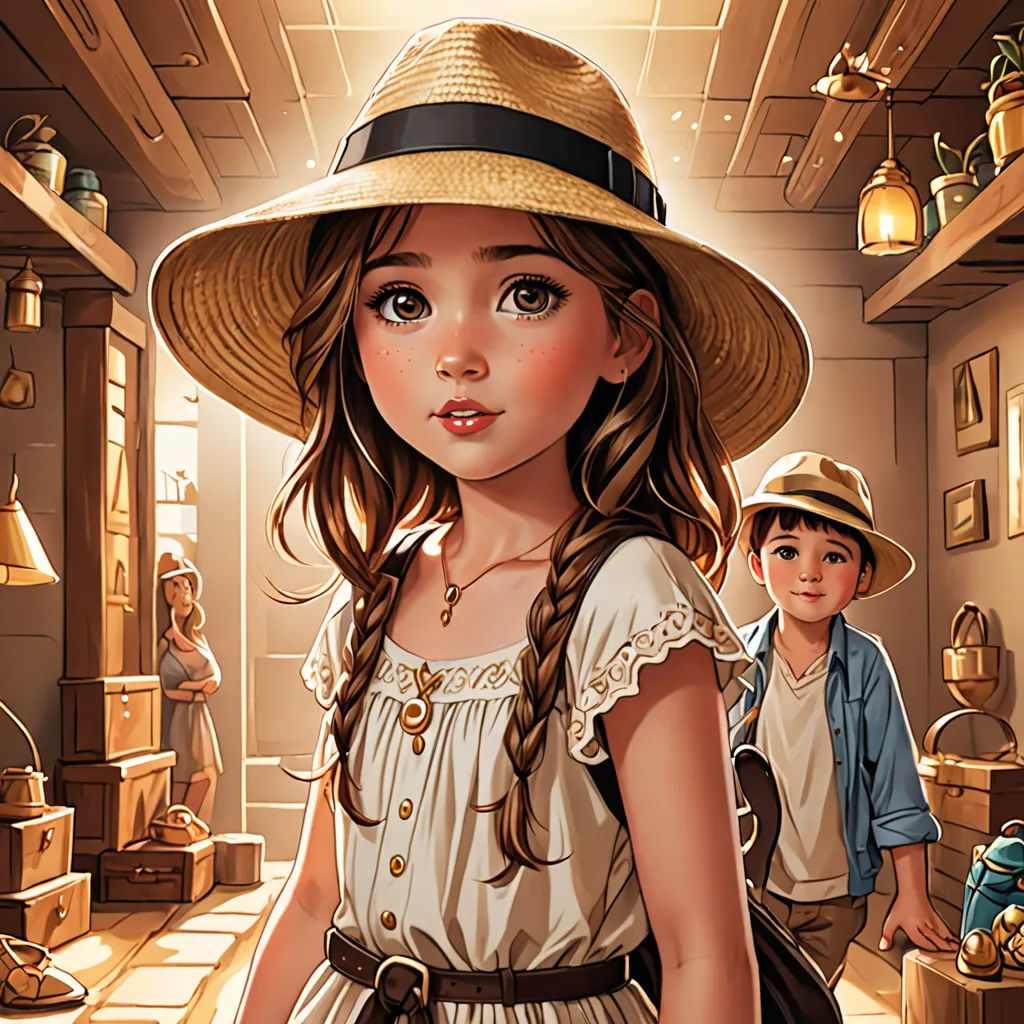 a painting of a girl in a hat and a boy in a blue shirt and a brown hat and a brown suitcase, fantasy art, a storybook illustration, Bob Byerley, rossdraws global illumination