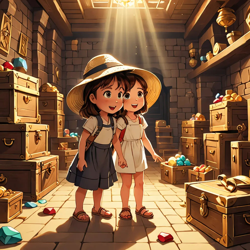two children standing in a room with boxes and boxes on the floor and a light shining on them and a brick wall, fantasy art, a storybook illustration, Cyril Rolando, rossdraws global illumination