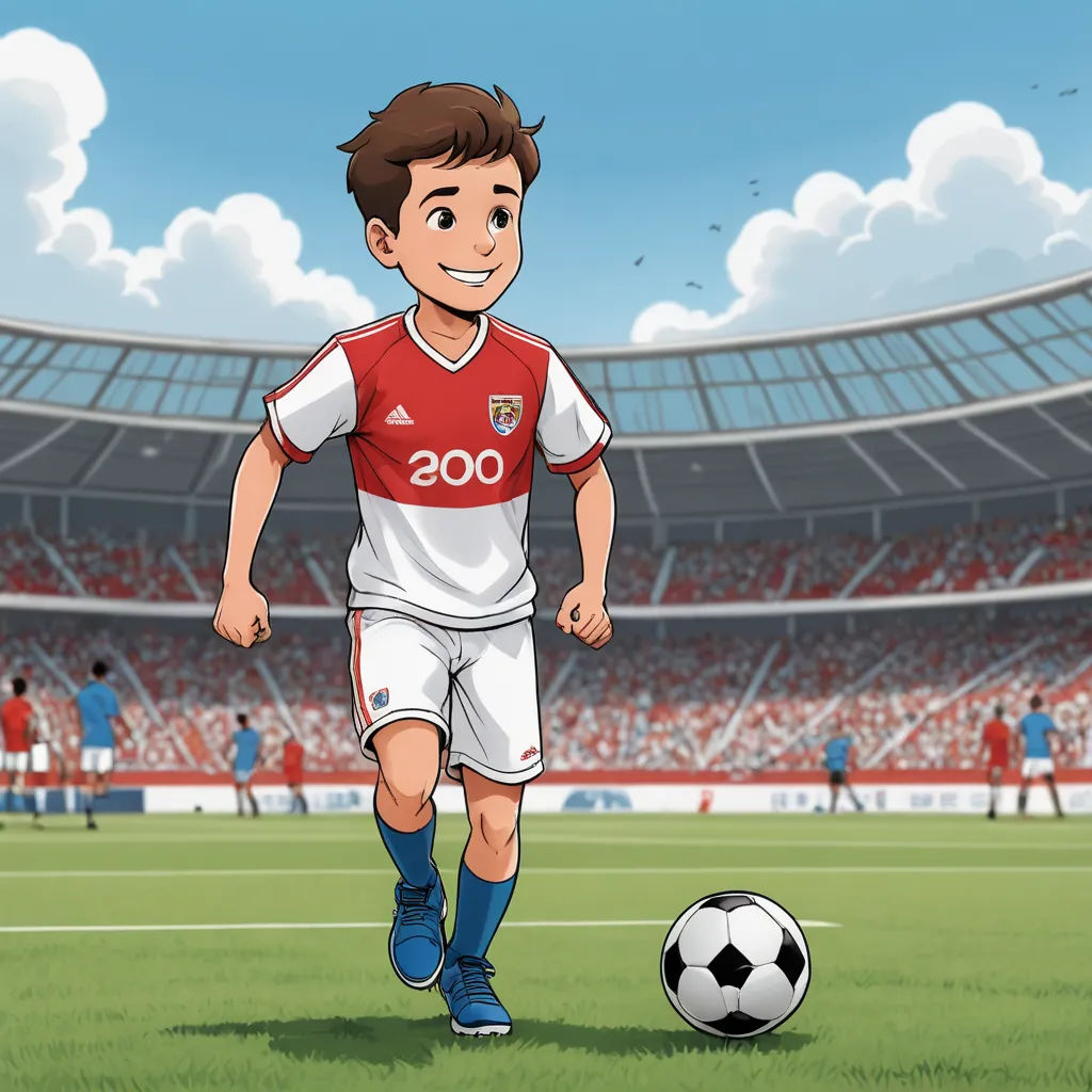 a cartoon boy is playing soccer in a stadium with a ball in his hand and a stadium full of people, lyco art, a storybook illustration, Diego Gisbert Llorens, behance hd