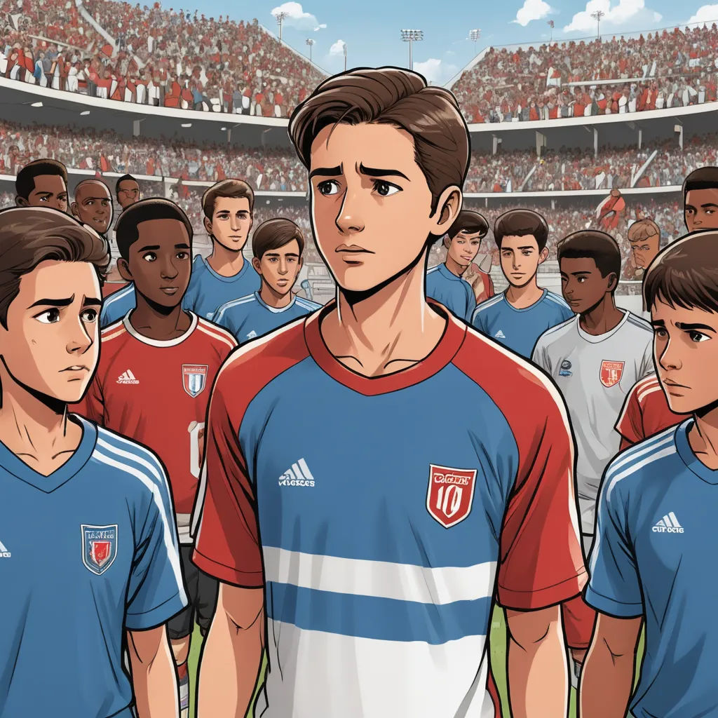 a cartoon of a soccer player standing in front of a group of other players in a stadium with a crowd of people, les automatistes, a comic book panel, Asaf Hanuka, graphic novel