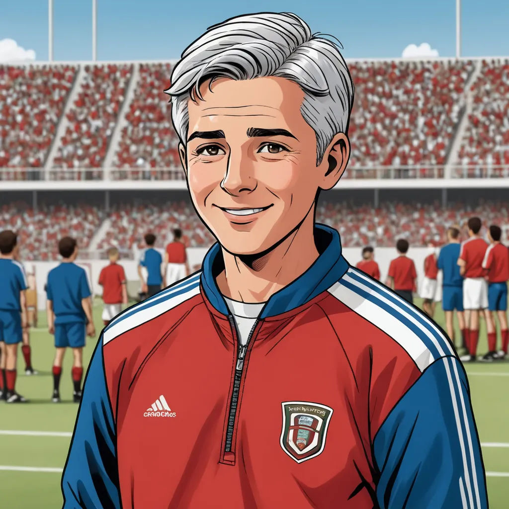a cartoon of a man in a red and blue jacket standing in front of a soccer field with a crowd of people, lyco art, a character portrait, Fabien Charuau, character portrait