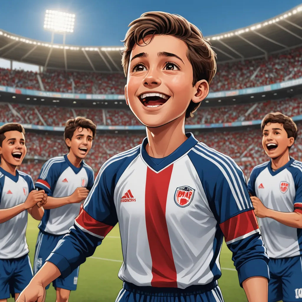 a cartoon of a soccer player with his team mates in the background, in a stadium with a stadium full of people, fantastic realism, a storybook illustration, Alejandro Burdisio, digital illustration