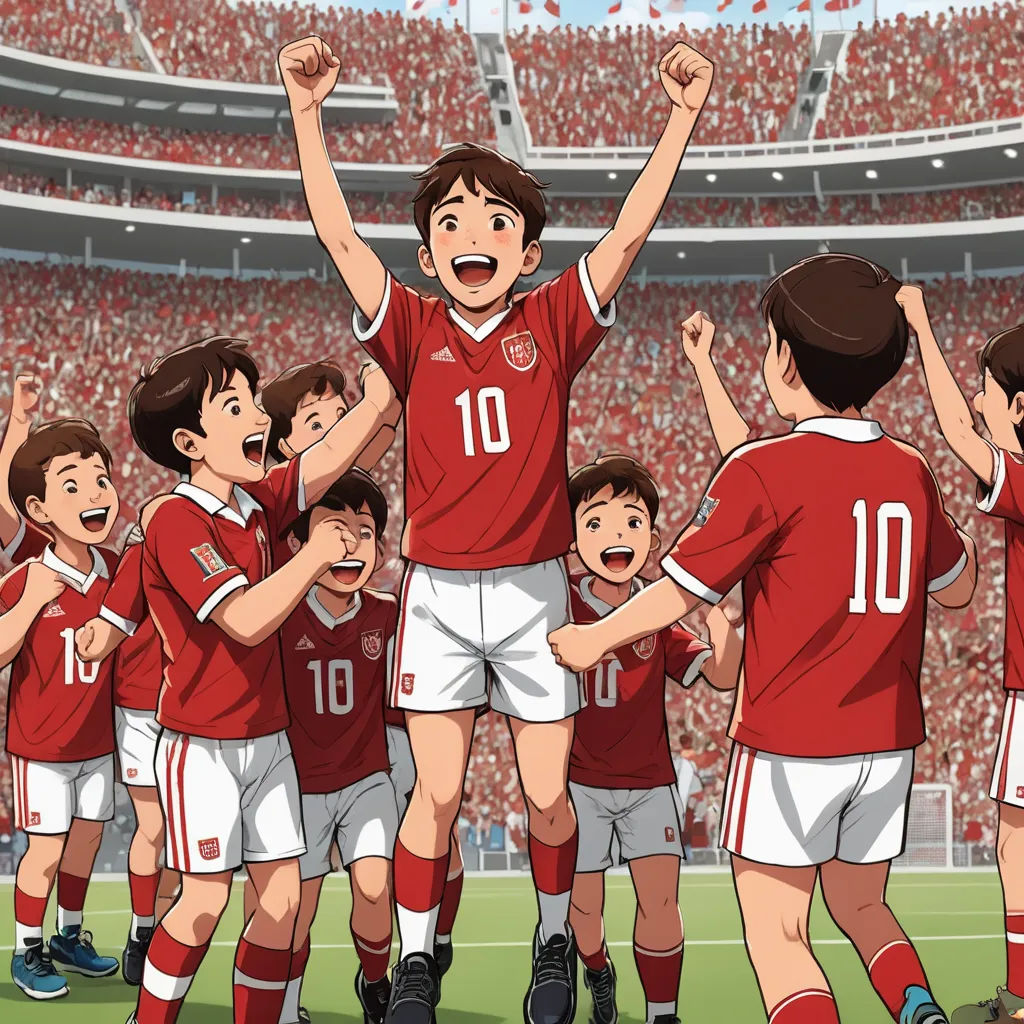 a group of young children standing on top of a soccer field with their hands in the air and their arms in the air, fantastic realism, a comic book panel, Altoon Sultan, official art