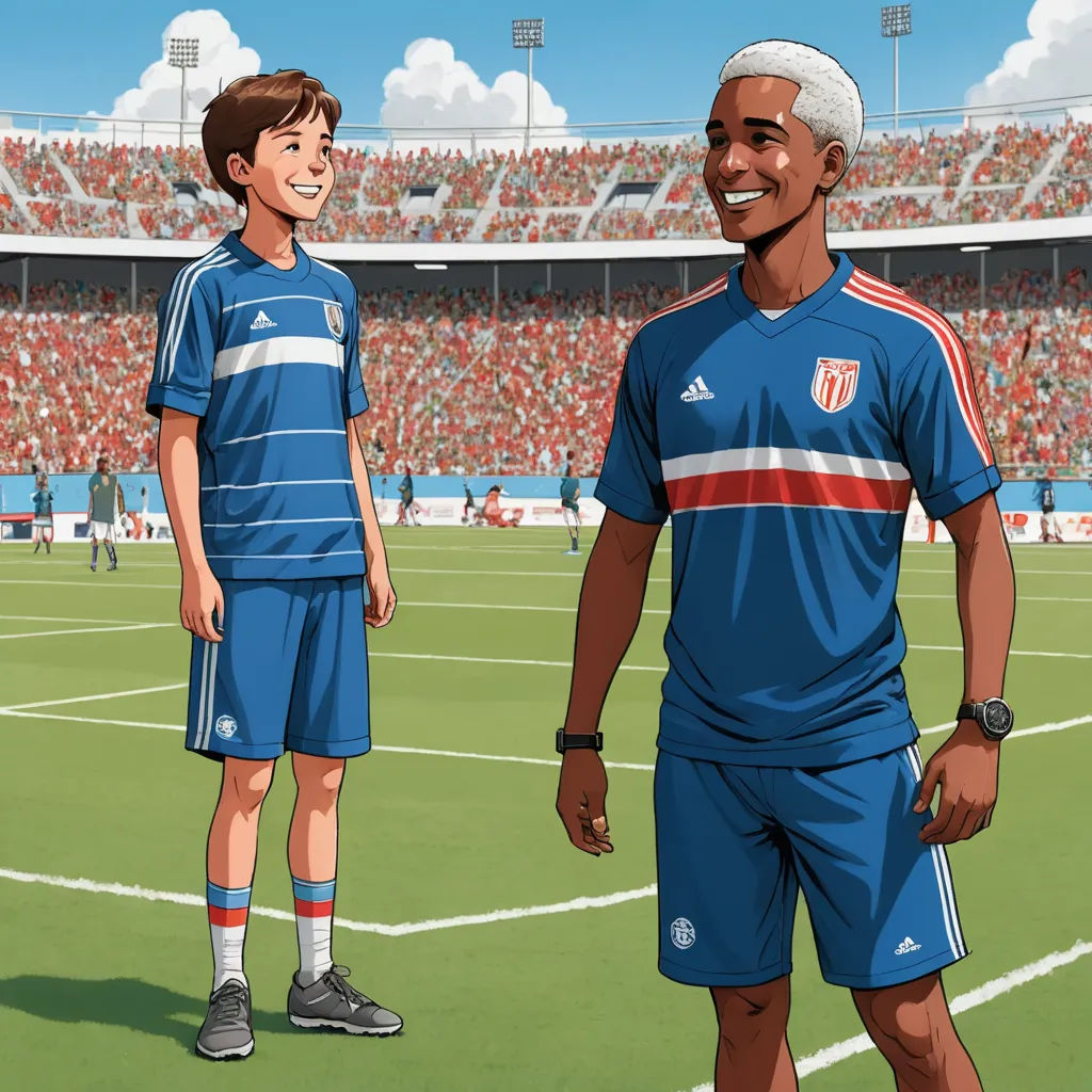 a cartoon of a man and a boy standing on a soccer field with a stadium in the background and a stadium full of people, paris school, a storybook illustration, Fabien Charuau, official art